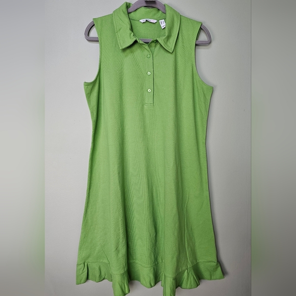 Isaac Mizrahi Live Green Sleeveless Polo Dress w Buttons, Collar, Ruffle Hem, L - Picture 8 of 9